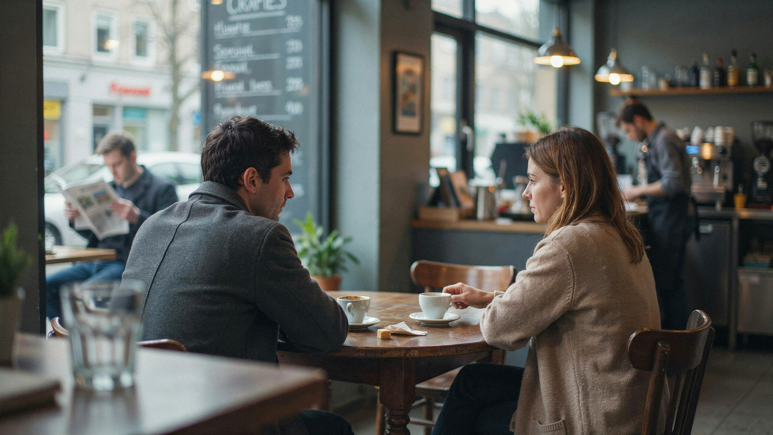 Geste interrompant une conversation tendue entre deux personnages