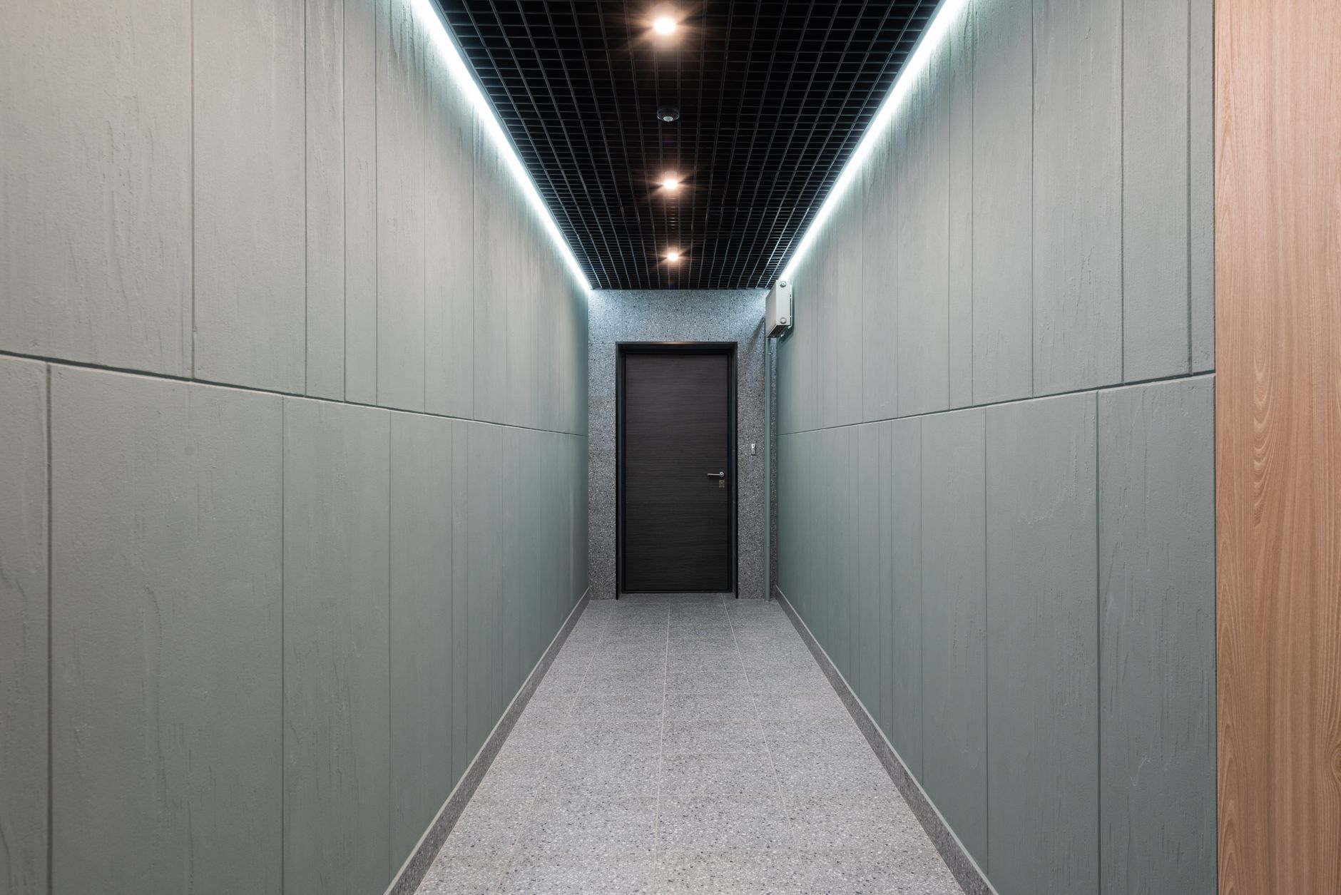 Perspective view of empty hallway with entrance door and illuminated ceiling in contemporary workplace